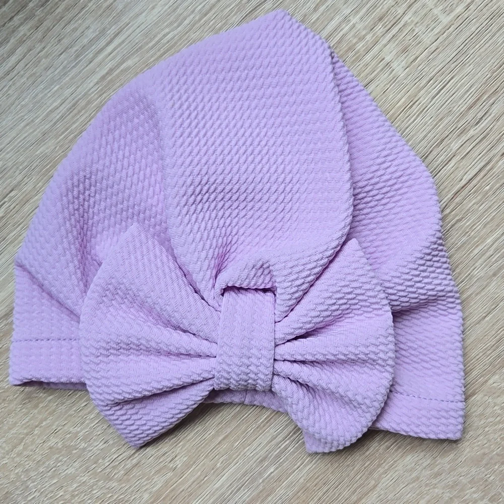 Lavender Baby Turban Hat with Oversized Bow Soft Waffle Knit Newborn Head Wrap
